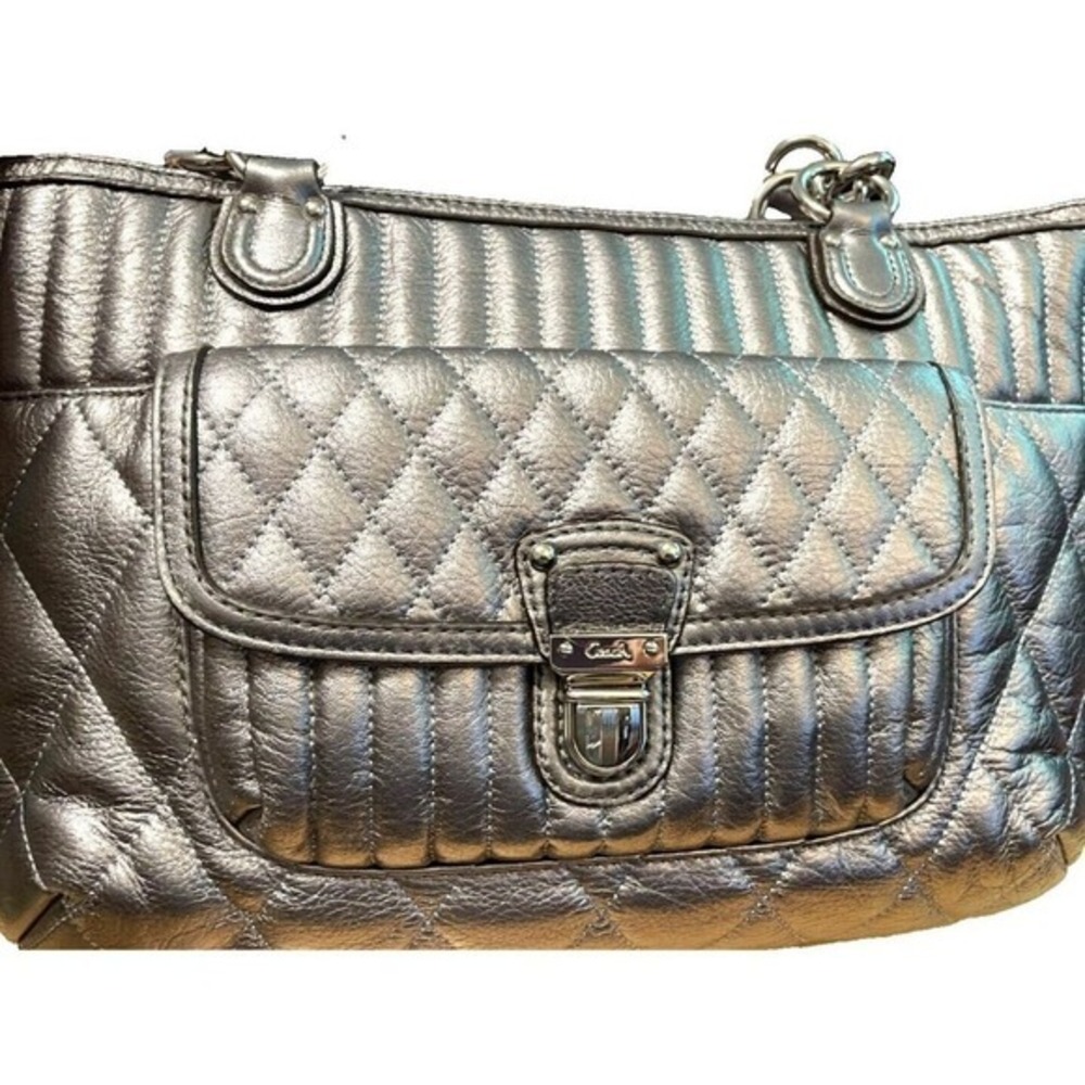 Coach C1293 19857 Quilted Leather Shopper Tote Purse Silver Anthracite Metallic - Picture 10 of 15